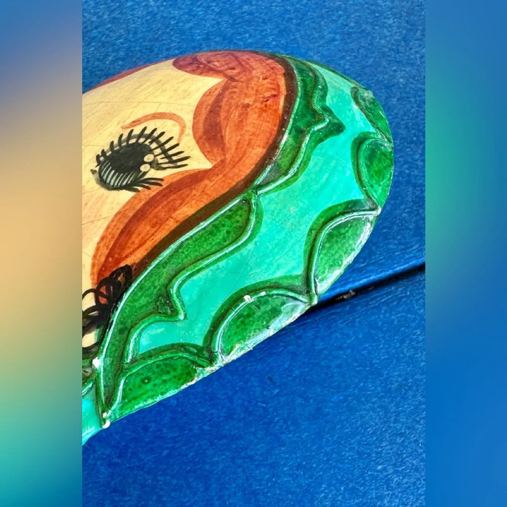 Vintage Mexican Folk Art Hand Mirror — Hand-Painted “Lady Face” — Signed